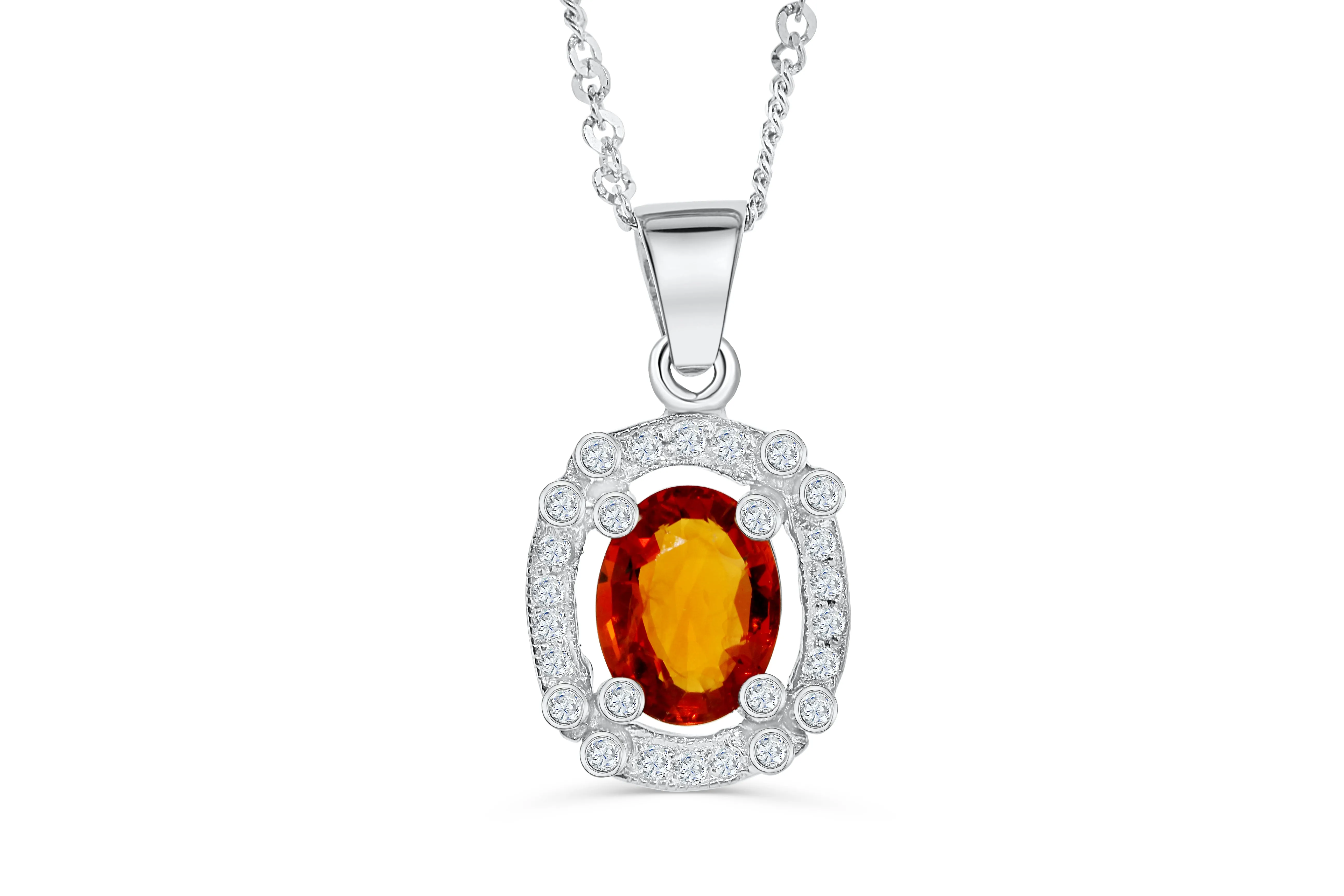 2.10 CT Pave Halo Oval Cut Orange Sapphire Diamond Pendant 0.29 CT TW 14K White Gold OSPEN003