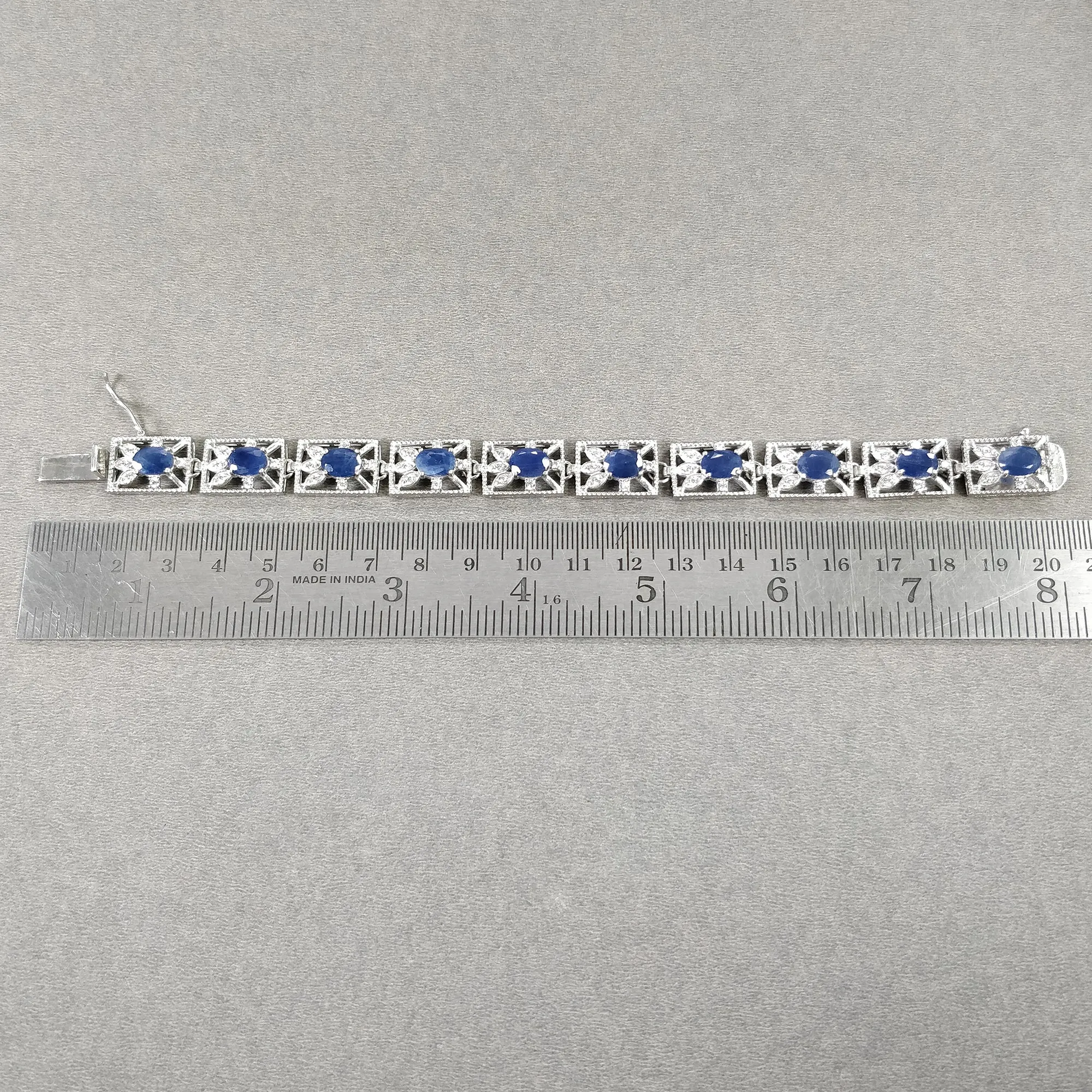 925 Sterling Silver Bracelet : 25.41gms Natural Blue Sapphire Gemstone With CZ Oval Normal Cut Prong Set Tennis Bracelet 7.25"