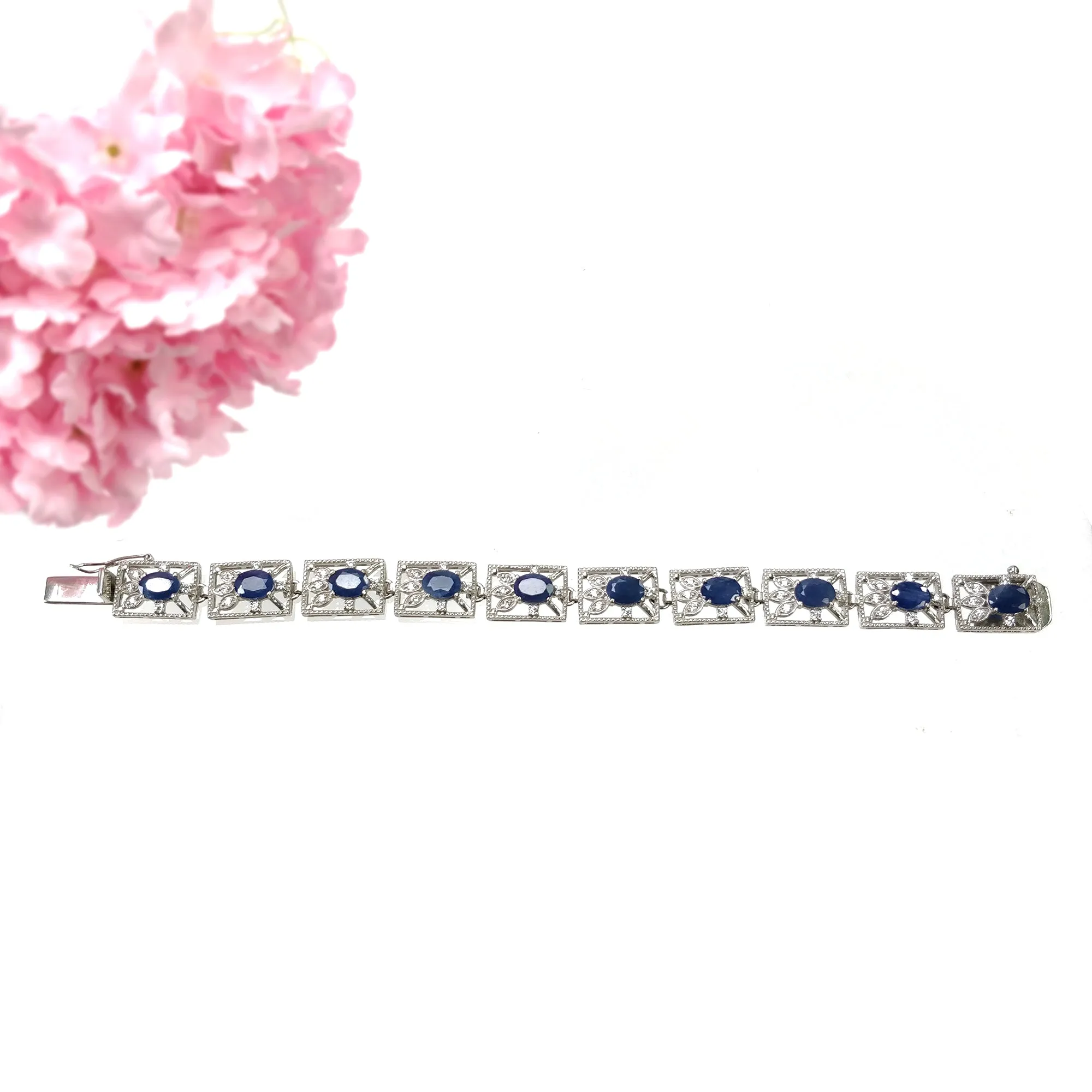 925 Sterling Silver Bracelet : 25.41gms Natural Blue Sapphire Gemstone With CZ Oval Normal Cut Prong Set Tennis Bracelet 7.25"