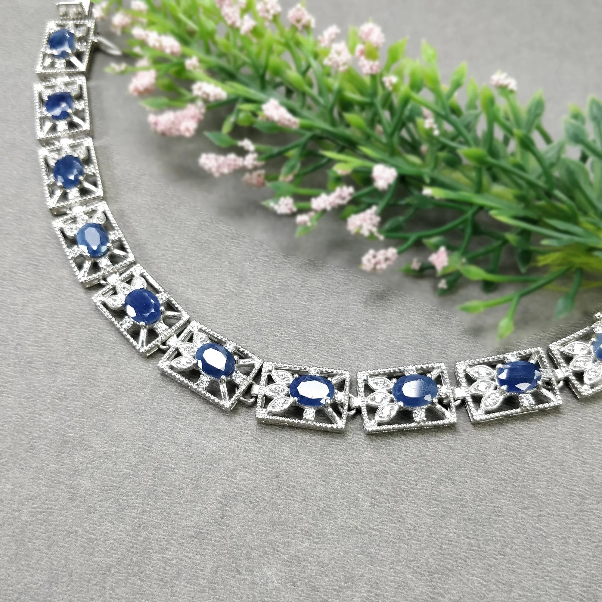 925 Sterling Silver Bracelet : 25.41gms Natural Blue Sapphire Gemstone With CZ Oval Normal Cut Prong Set Tennis Bracelet 7.25"