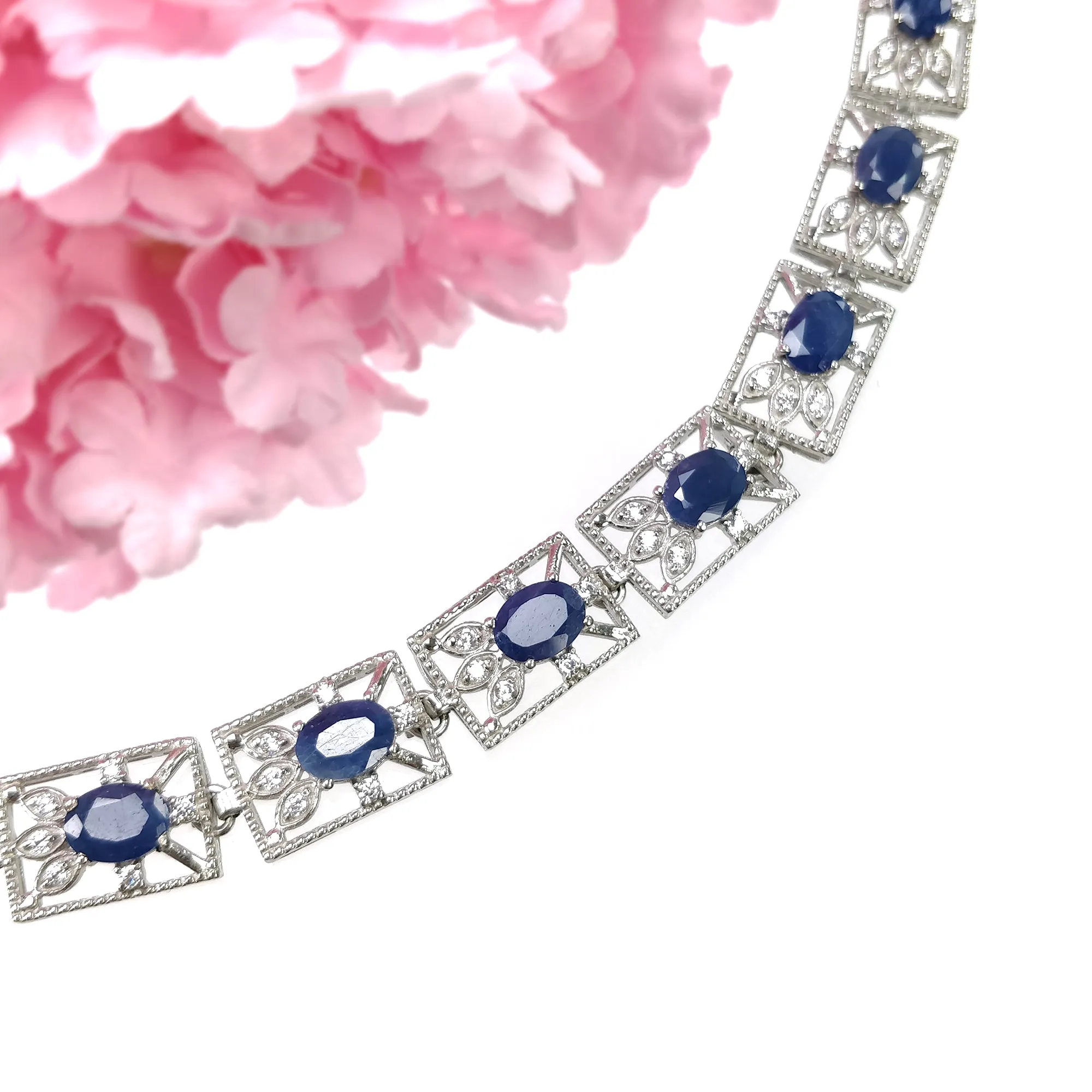 925 Sterling Silver Bracelet : 25.41gms Natural Blue Sapphire Gemstone With CZ Oval Normal Cut Prong Set Tennis Bracelet 7.25"