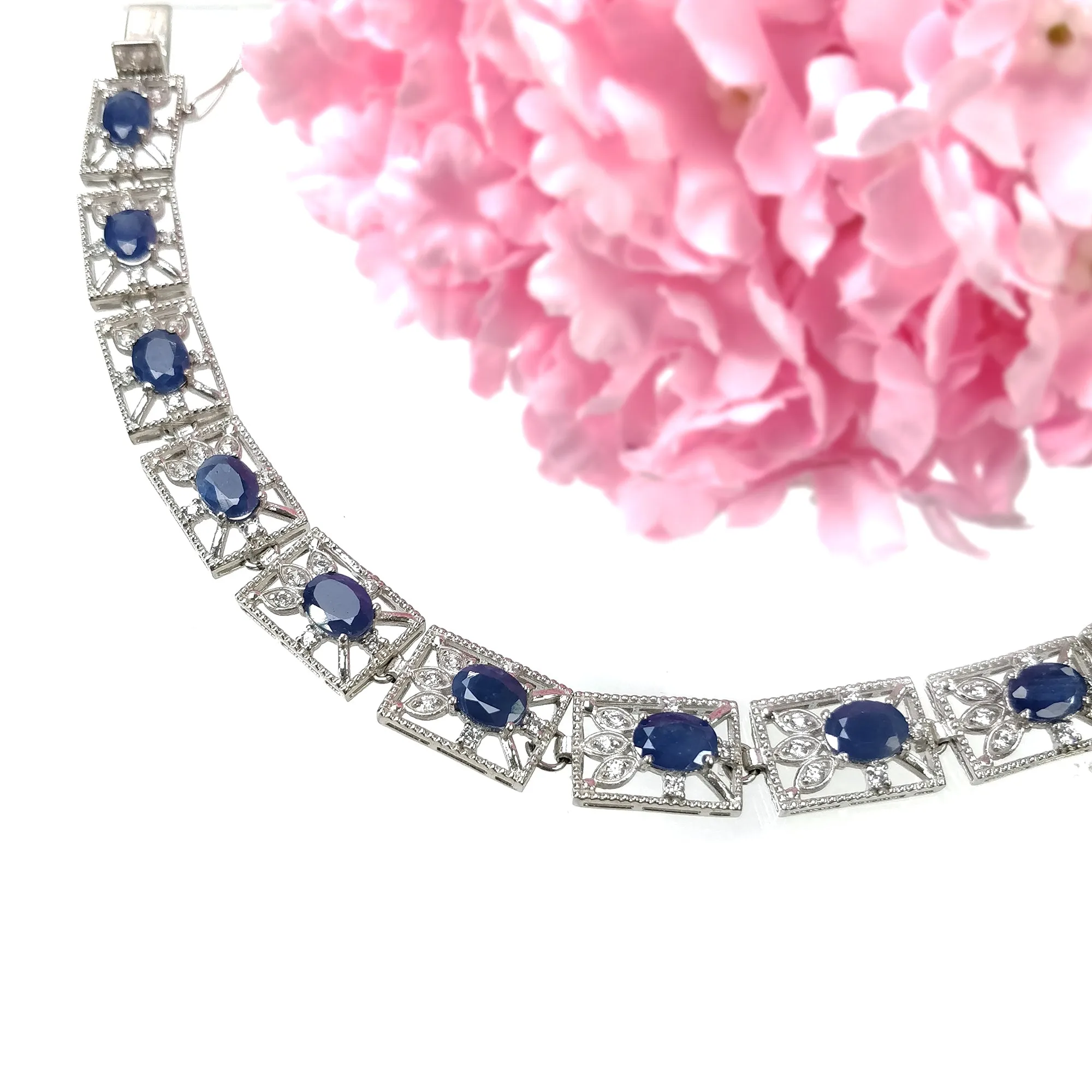 925 Sterling Silver Bracelet : 25.41gms Natural Blue Sapphire Gemstone With CZ Oval Normal Cut Prong Set Tennis Bracelet 7.25"