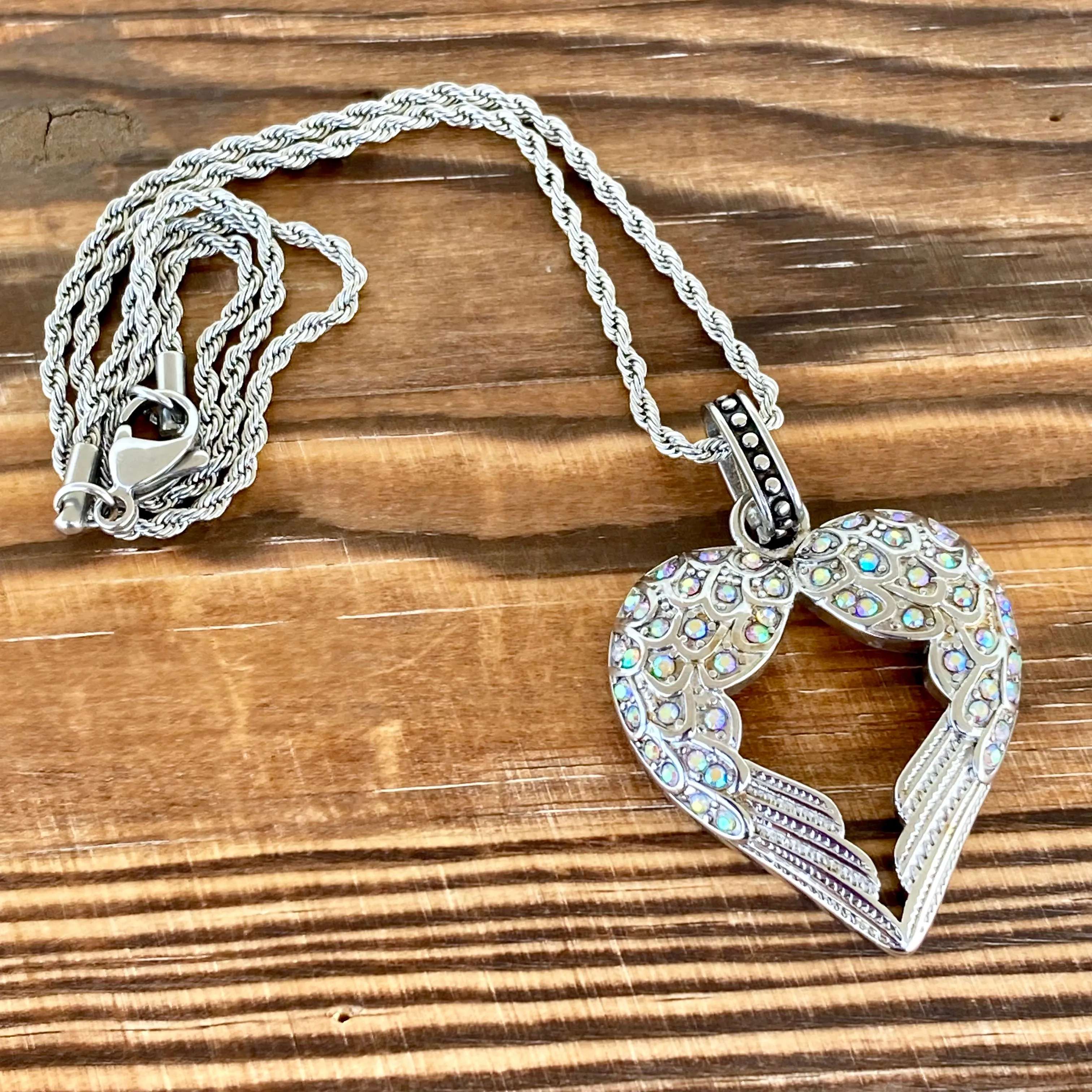 Angel Heart Wings Pendant - Bling Wings Rainbow Stone - Rope Necklace or Omega - LAP027