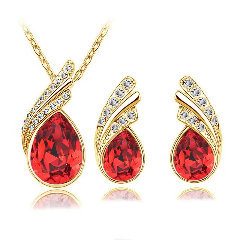 Austrian Crystal Feather Necklace & Earrings Fashion Jewelry Set