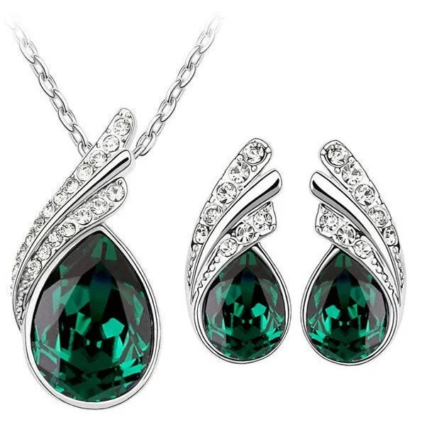 Austrian Crystal Feather Necklace & Earrings Fashion Jewelry Set