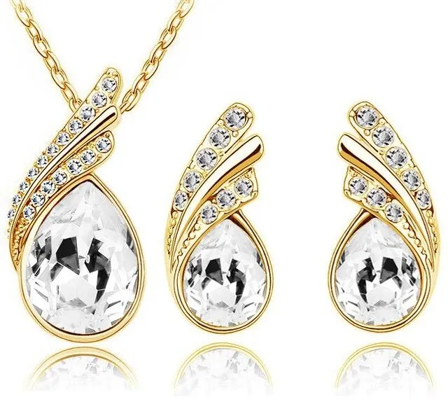 Austrian Crystal Feather Necklace & Earrings Fashion Jewelry Set