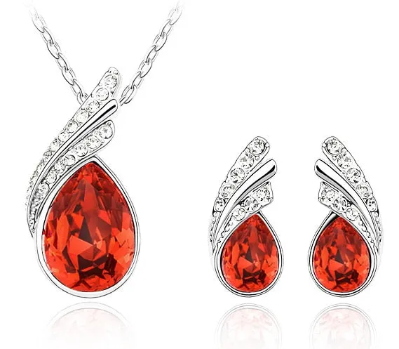 Austrian Crystal Feather Necklace & Earrings Fashion Jewelry Set