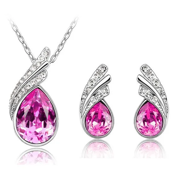 Austrian Crystal Feather Necklace & Earrings Fashion Jewelry Set