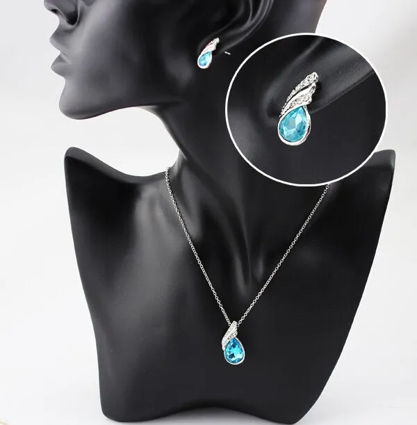 Austrian Crystal Feather Necklace & Earrings Fashion Jewelry Set