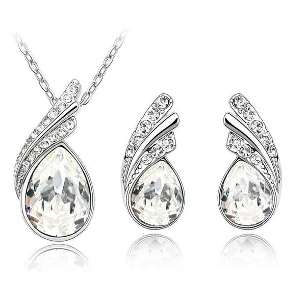 Austrian Crystal Feather Necklace & Earrings Fashion Jewelry Set