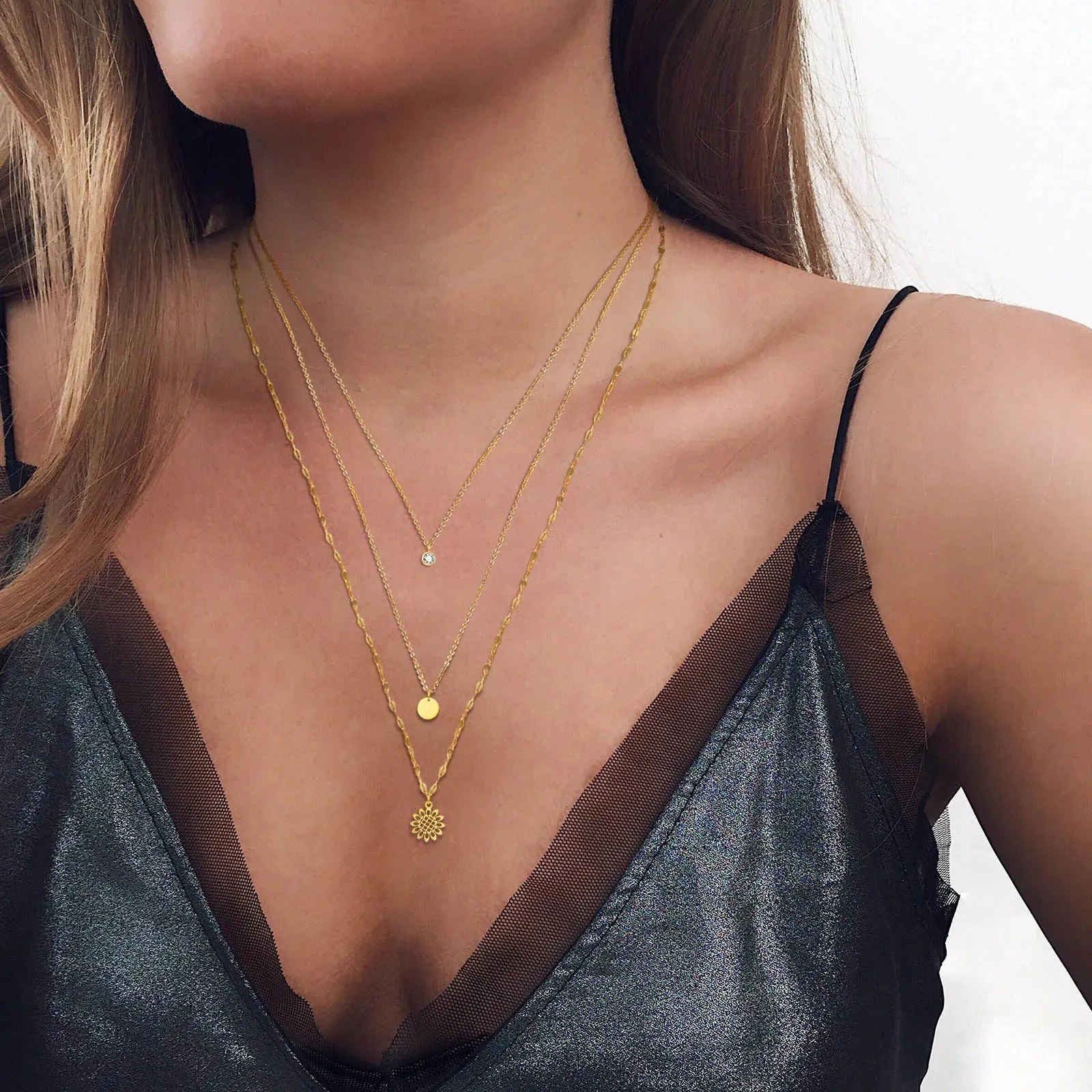 CHLOE THREE LAYERED STAINLESS STEEL NECKLACE