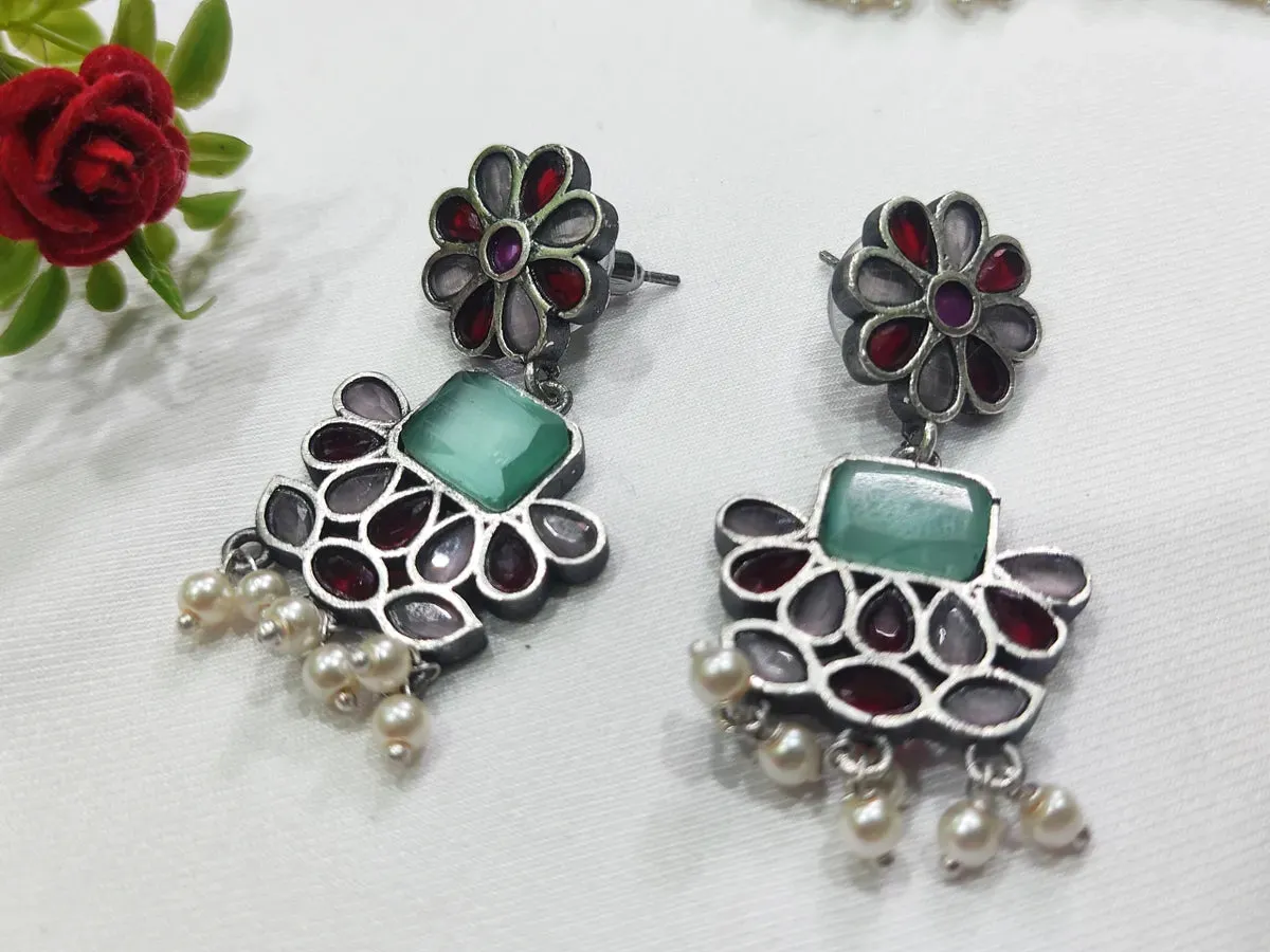 Elegant Oxidized Brass And Copper Made Mint, Maroon Stone And Pearl Beaded Choker And Earrings Set