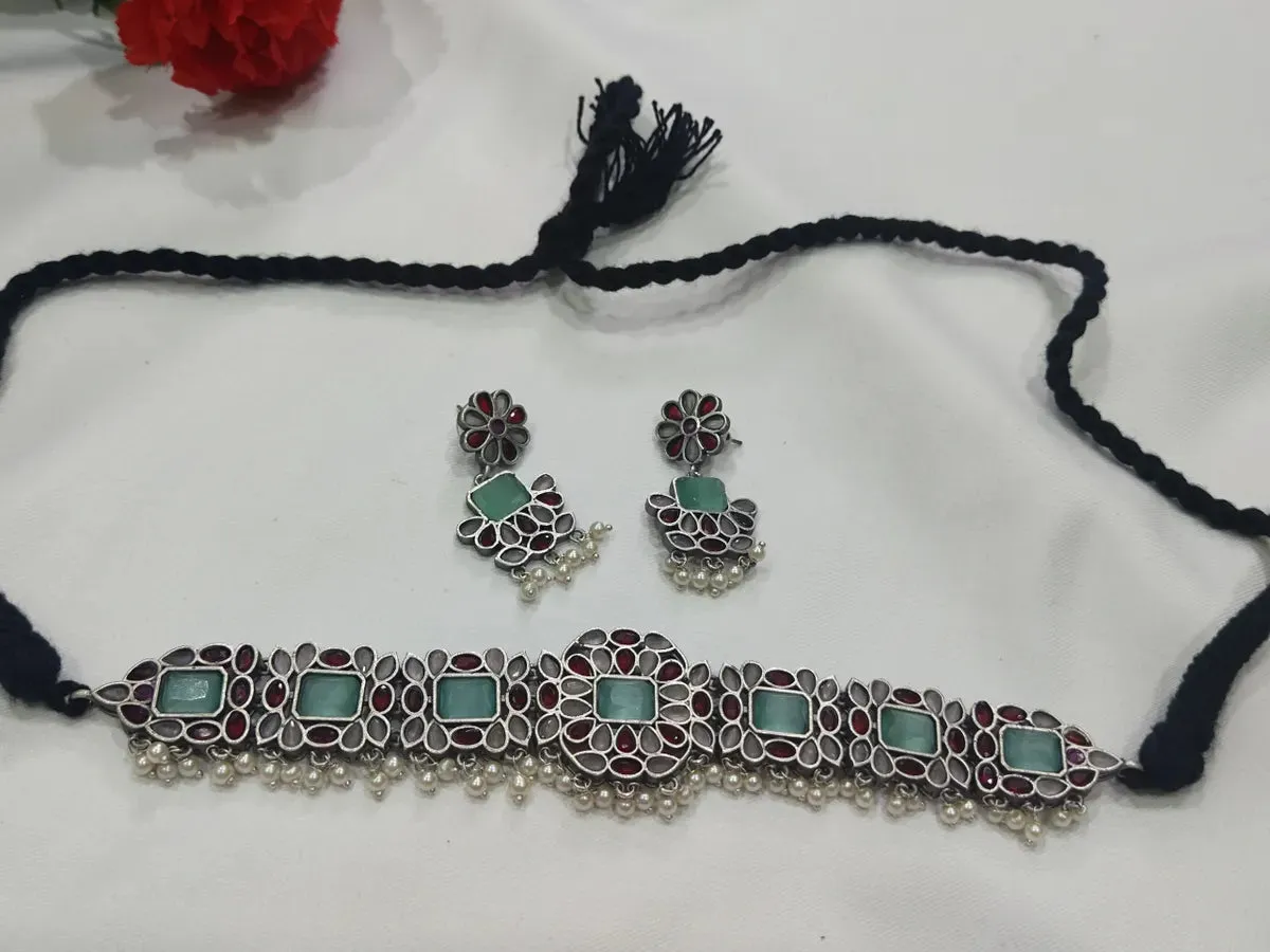 Elegant Oxidized Brass And Copper Made Mint, Maroon Stone And Pearl Beaded Choker And Earrings Set