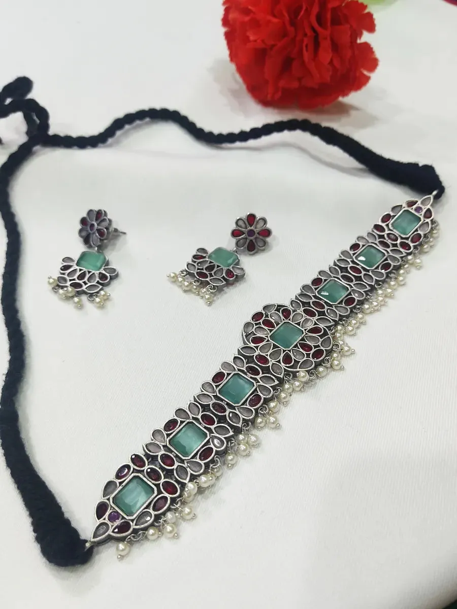 Elegant Oxidized Brass And Copper Made Mint, Maroon Stone And Pearl Beaded Choker And Earrings Set