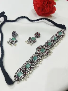 Elegant Oxidized Brass And Copper Made Mint, Maroon Stone And Pearl Beaded Choker And Earrings Set
