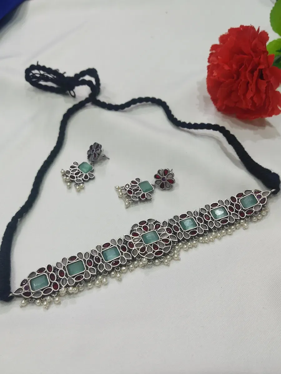 Elegant Oxidized Brass And Copper Made Mint, Maroon Stone And Pearl Beaded Choker And Earrings Set