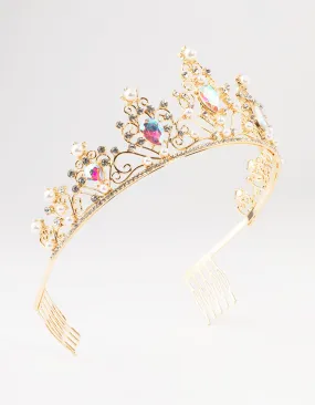 Gold Pear Shaped Stones & Pearls Tiara