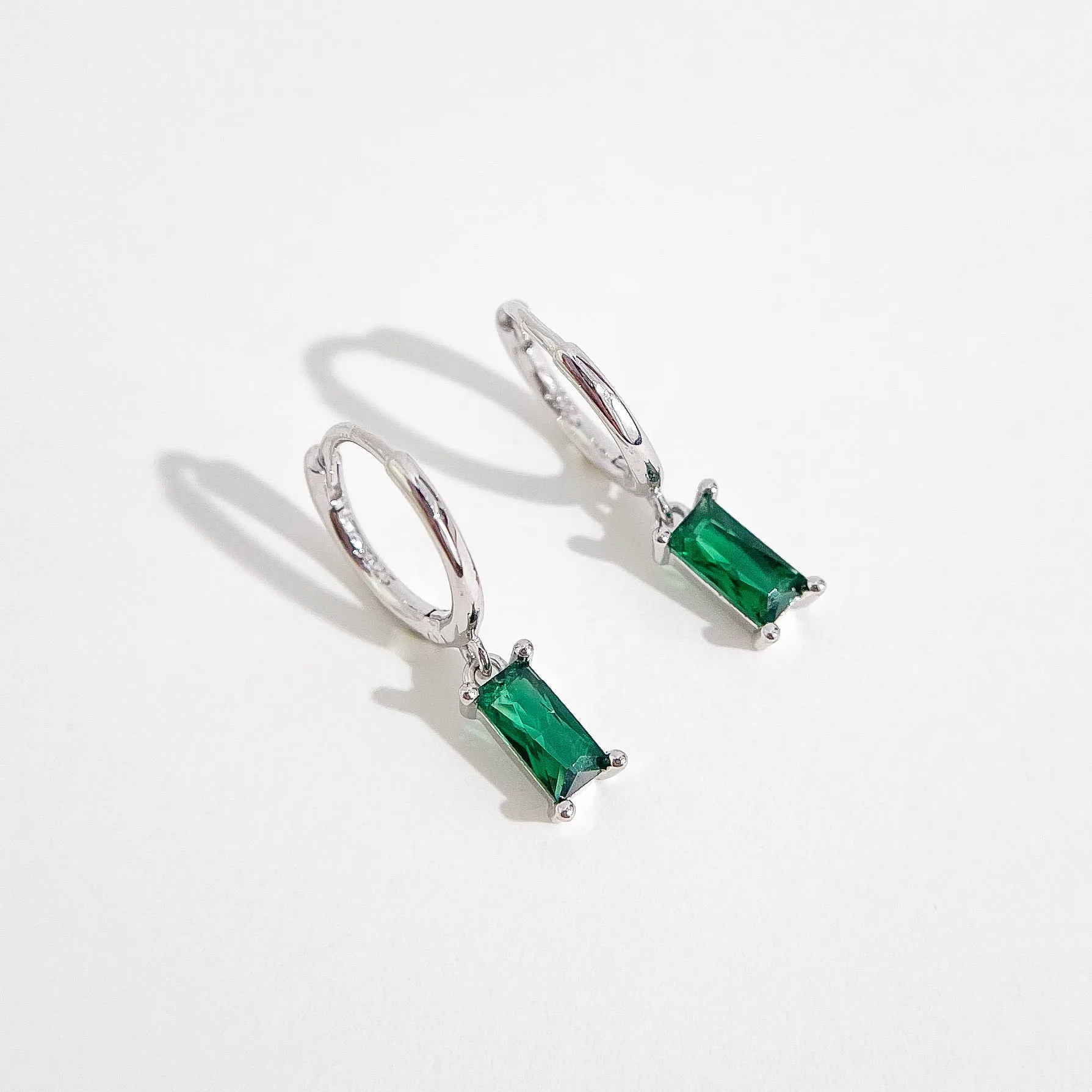 Green Rectangle Sterling Huggies in Silver