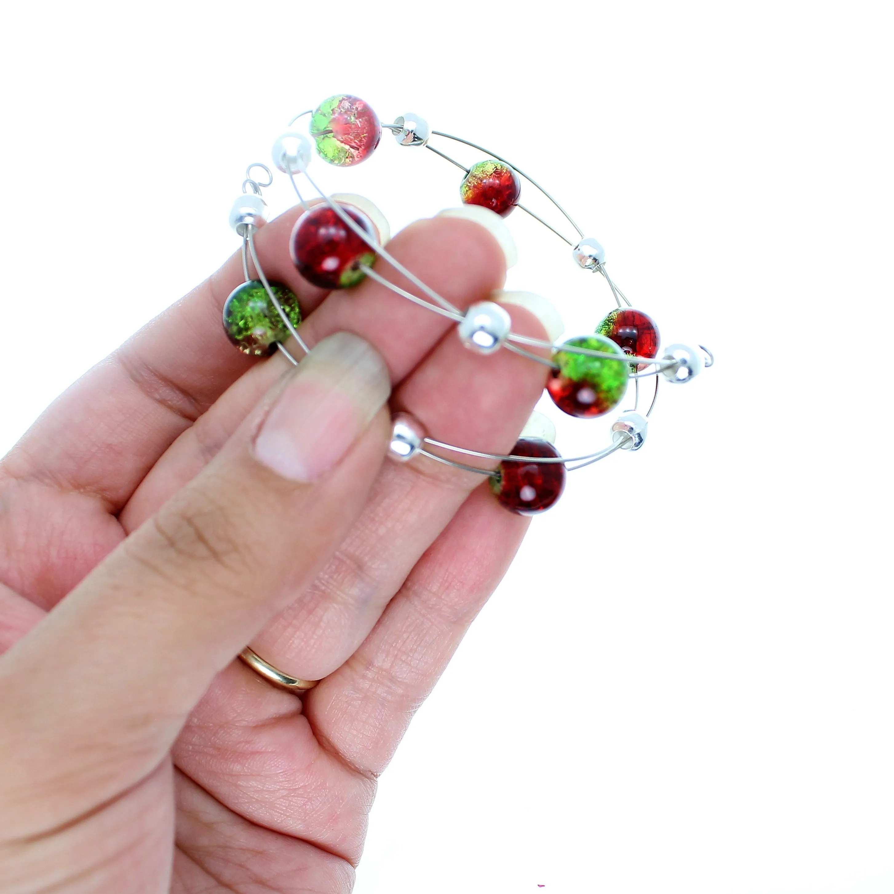 Jewelry Set XMAS-JWL-1014 Red Green Silver 10mm Beads on Wire