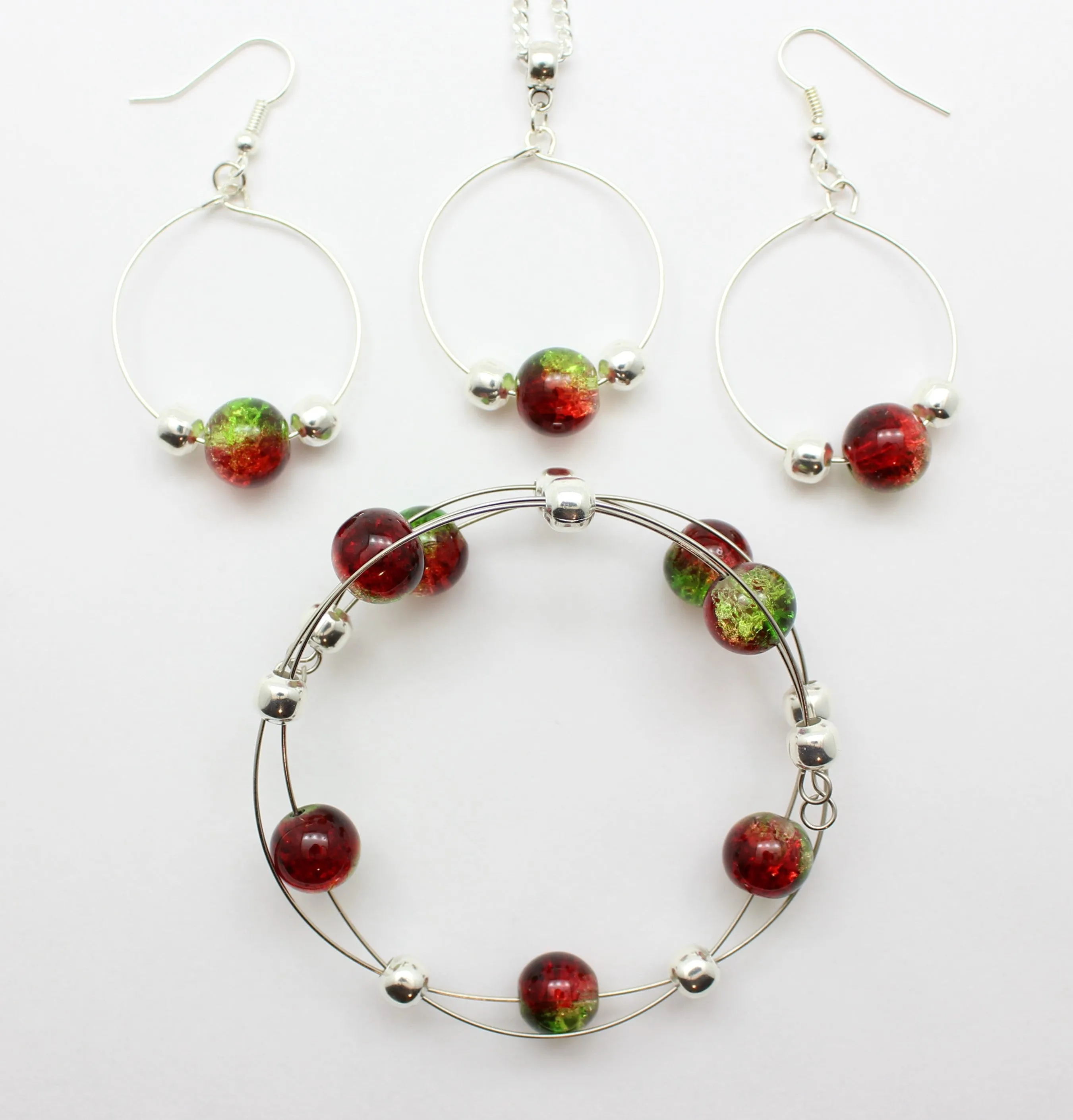 Jewelry Set XMAS-JWL-1014 Red Green Silver 10mm Beads on Wire