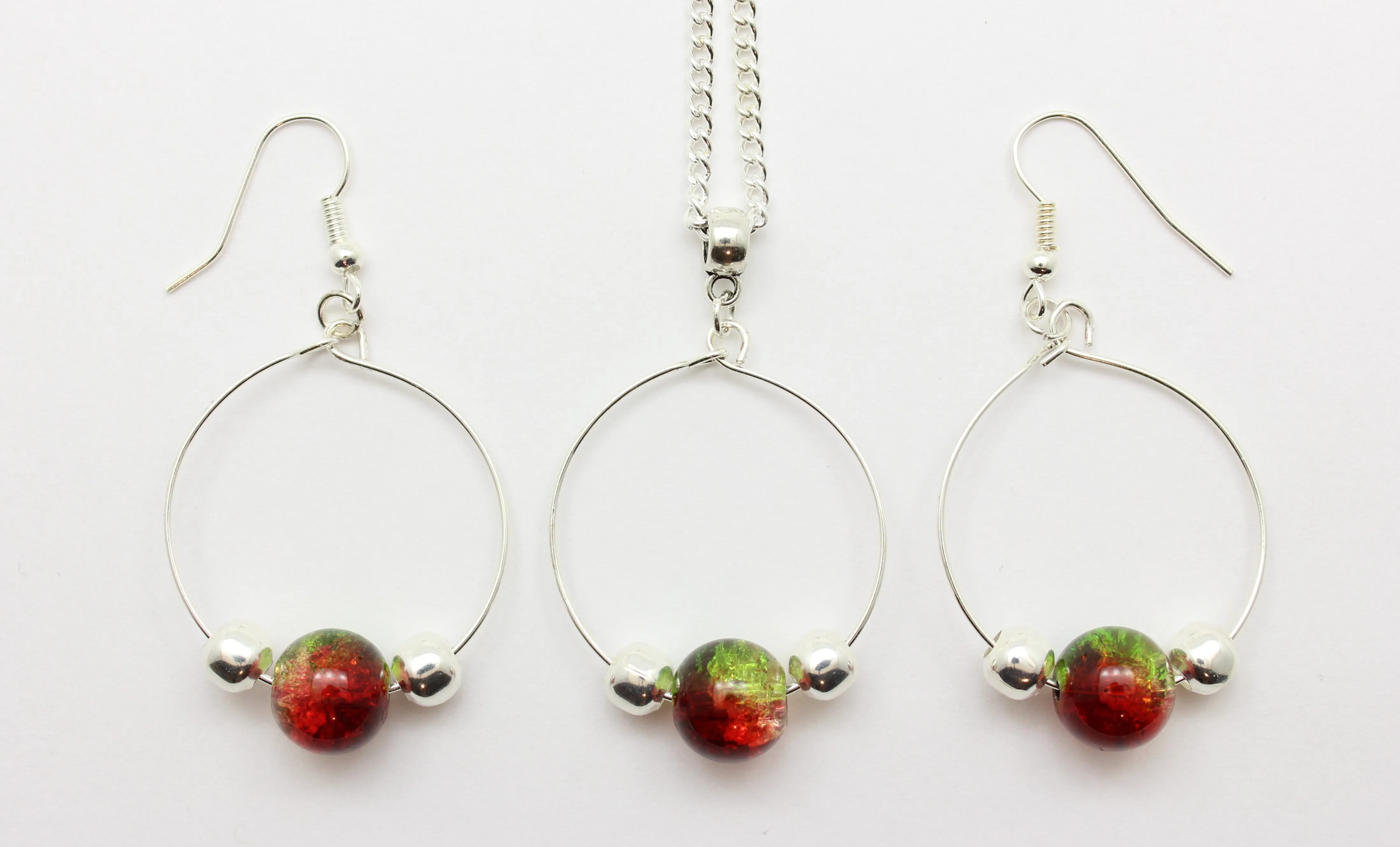 Jewelry Set XMAS-JWL-1014 Red Green Silver 10mm Beads on Wire