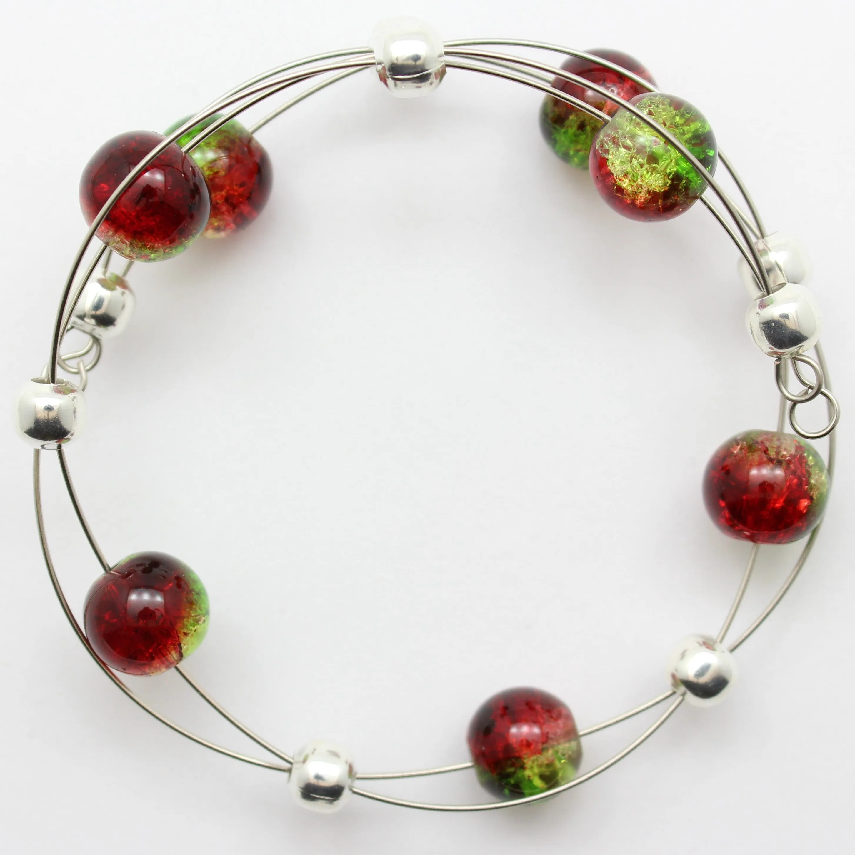 Jewelry Set XMAS-JWL-1014 Red Green Silver 10mm Beads on Wire