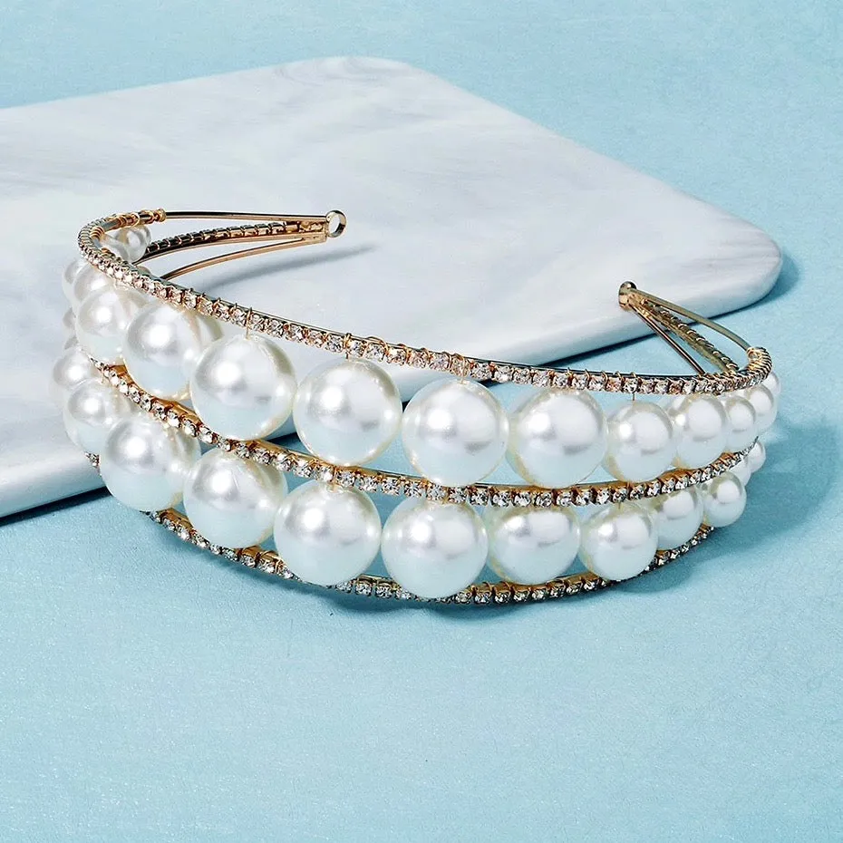 "Barcelona" - Oversized Double Pearl Bridal Headband / Tiara - Available in Silver and Gold