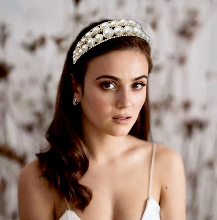 "Barcelona" - Oversized Double Pearl Bridal Headband / Tiara - Available in Silver and Gold