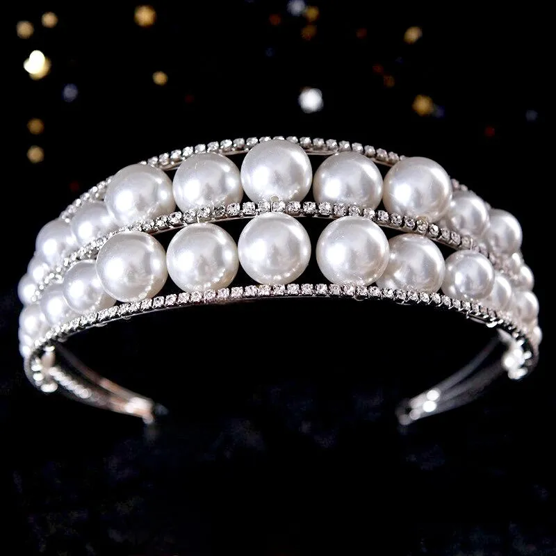 "Barcelona" - Oversized Double Pearl Bridal Headband / Tiara - Available in Silver and Gold