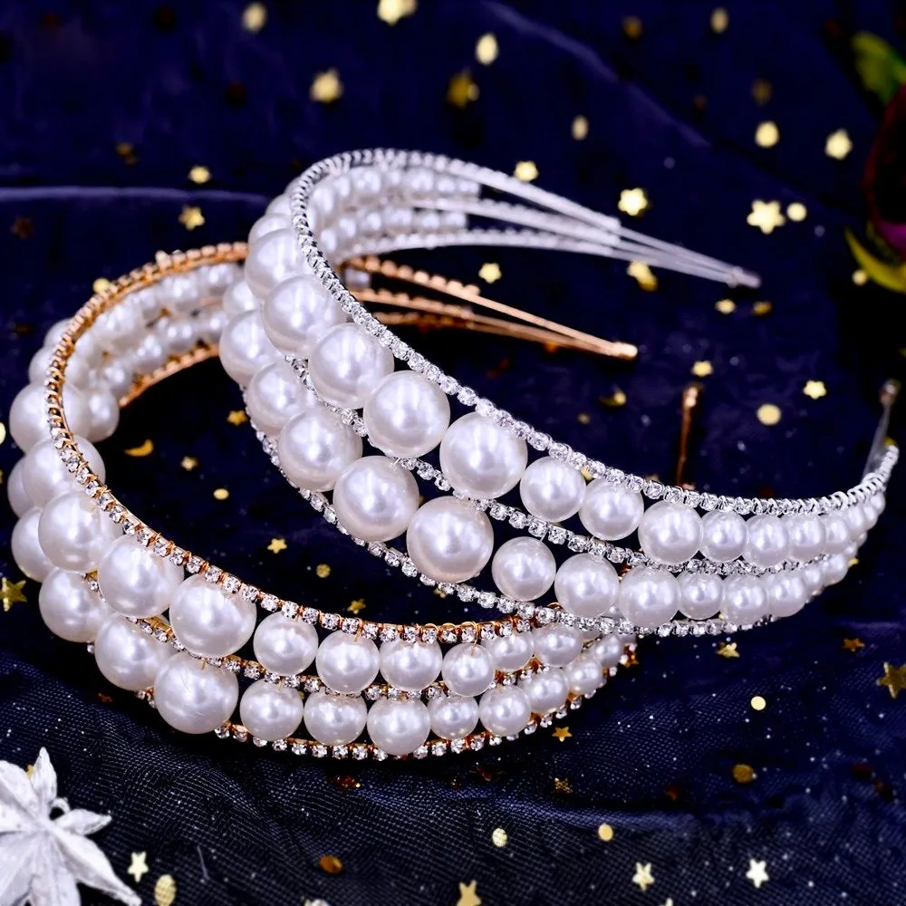 "Barcelona" - Oversized Double Pearl Bridal Headband / Tiara - Available in Silver and Gold