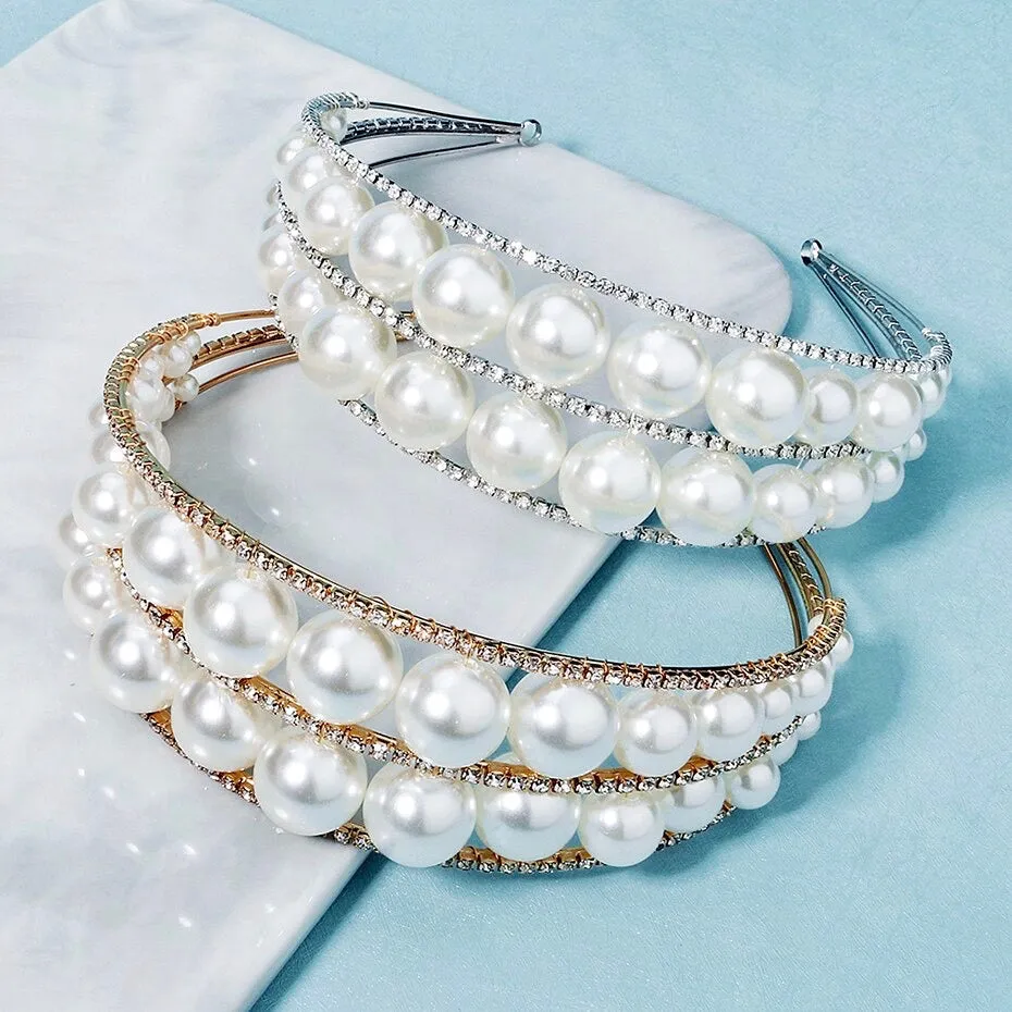 "Barcelona" - Oversized Double Pearl Bridal Headband / Tiara - Available in Silver and Gold