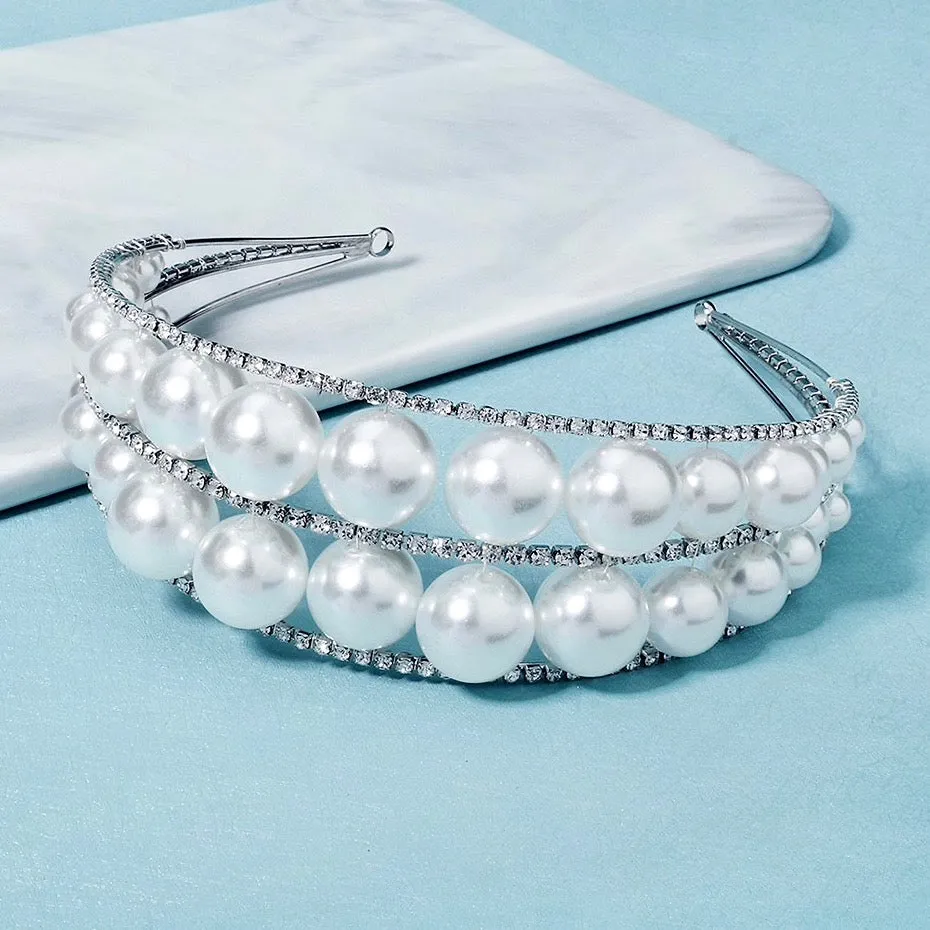 "Barcelona" - Oversized Double Pearl Bridal Headband / Tiara - Available in Silver and Gold