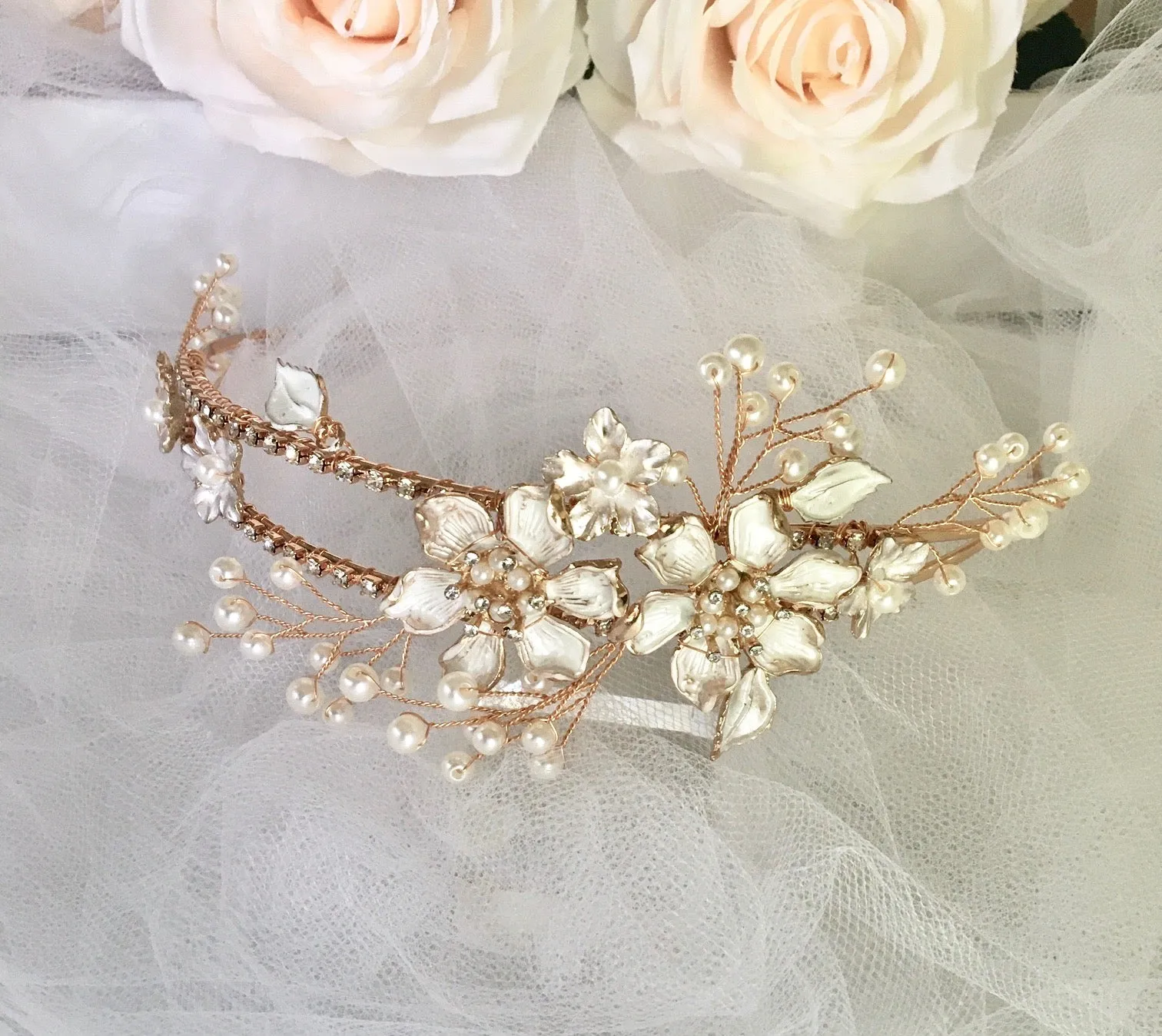 "Kara" - Gold Pearl and Crystal Bridal Headband / Tiara