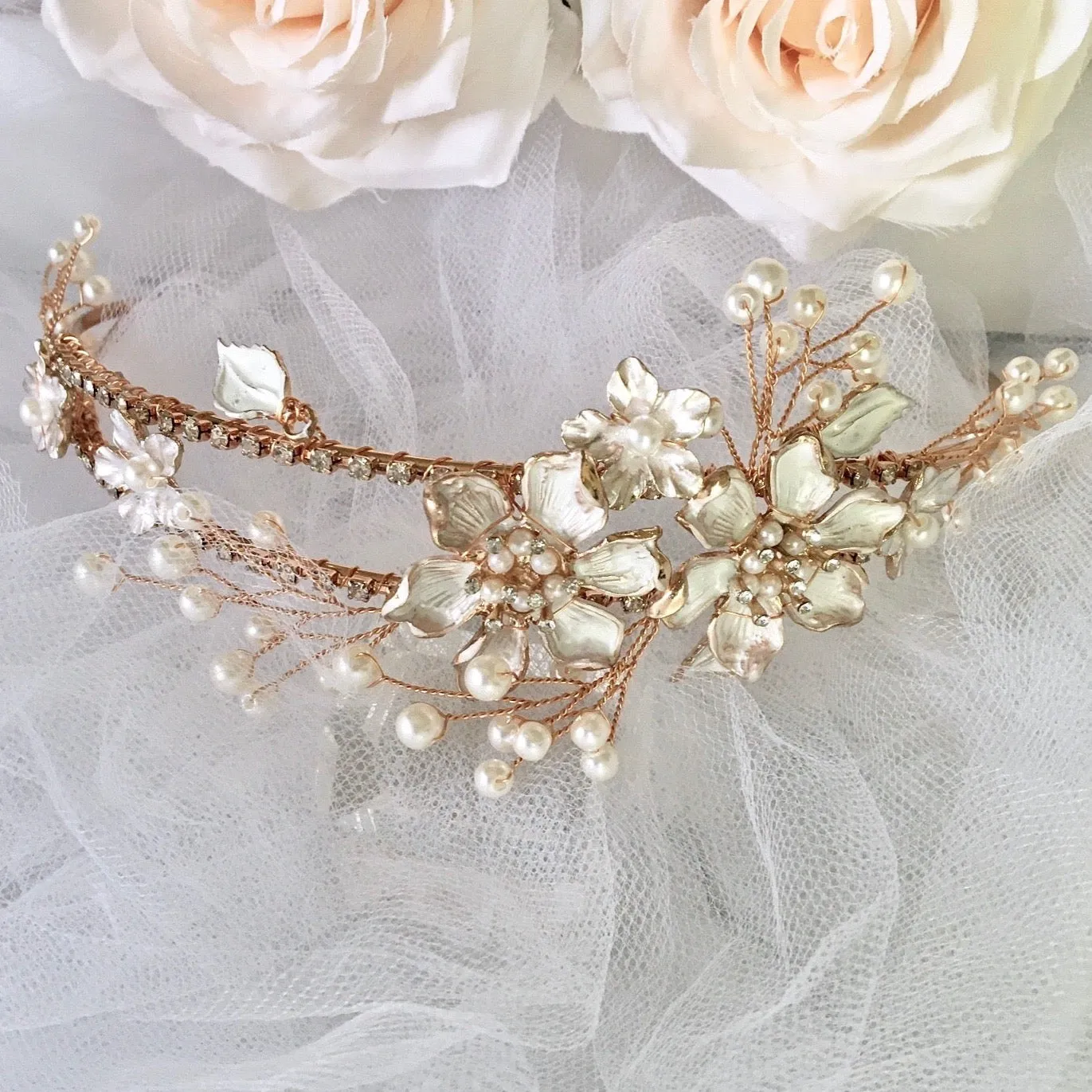 "Kara" - Gold Pearl and Crystal Bridal Headband / Tiara