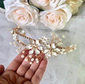 "Kara" - Gold Pearl and Crystal Bridal Headband / Tiara