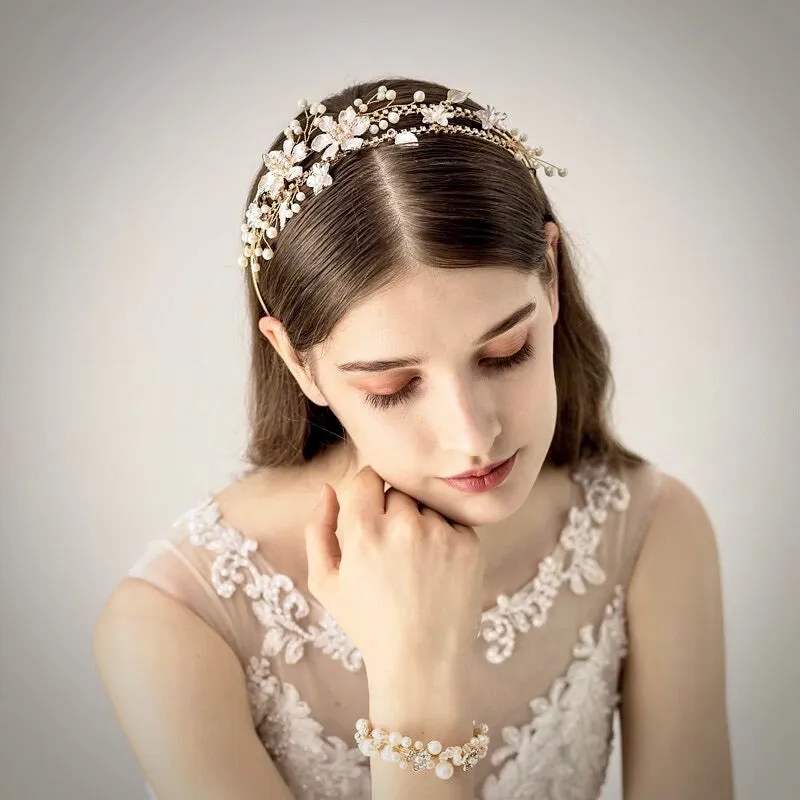 "Kara" - Gold Pearl and Crystal Bridal Headband / Tiara
