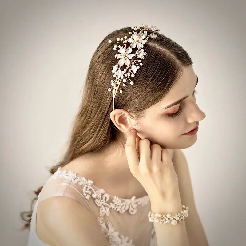 "Kara" - Gold Pearl and Crystal Bridal Headband / Tiara