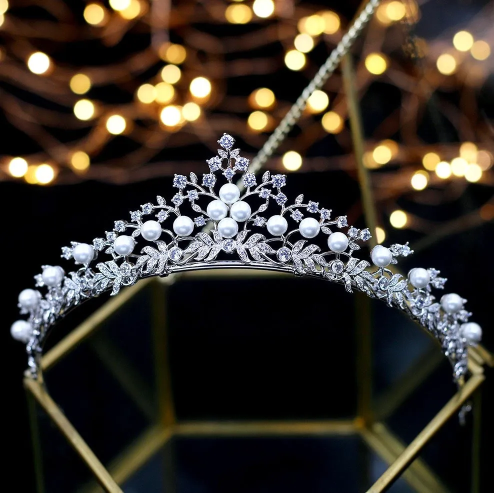 "Louise" - Silver Pearl and Cubic Zirconia Bridal Tiara