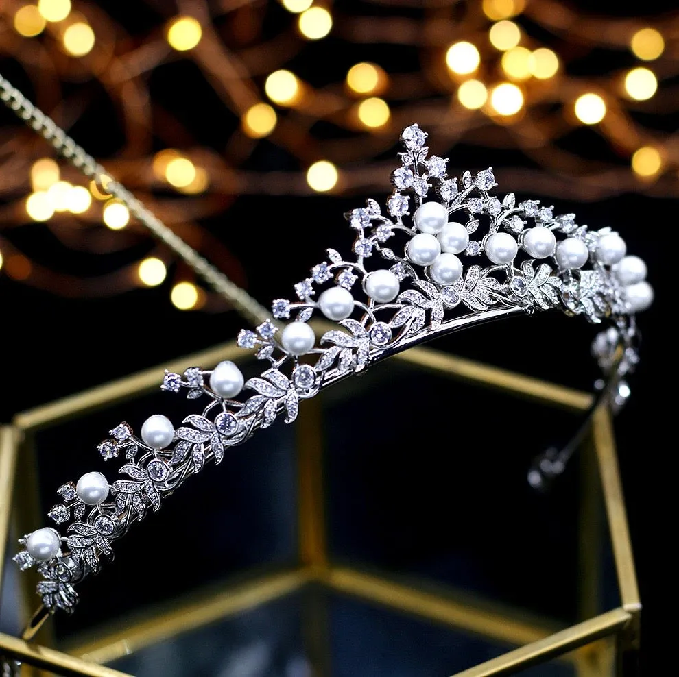 "Louise" - Silver Pearl and Cubic Zirconia Bridal Tiara