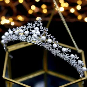 "Louise" - Silver Pearl and Cubic Zirconia Bridal Tiara