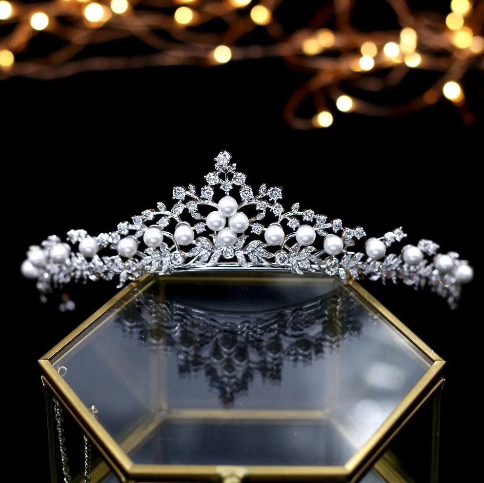 "Louise" - Silver Pearl and Cubic Zirconia Bridal Tiara