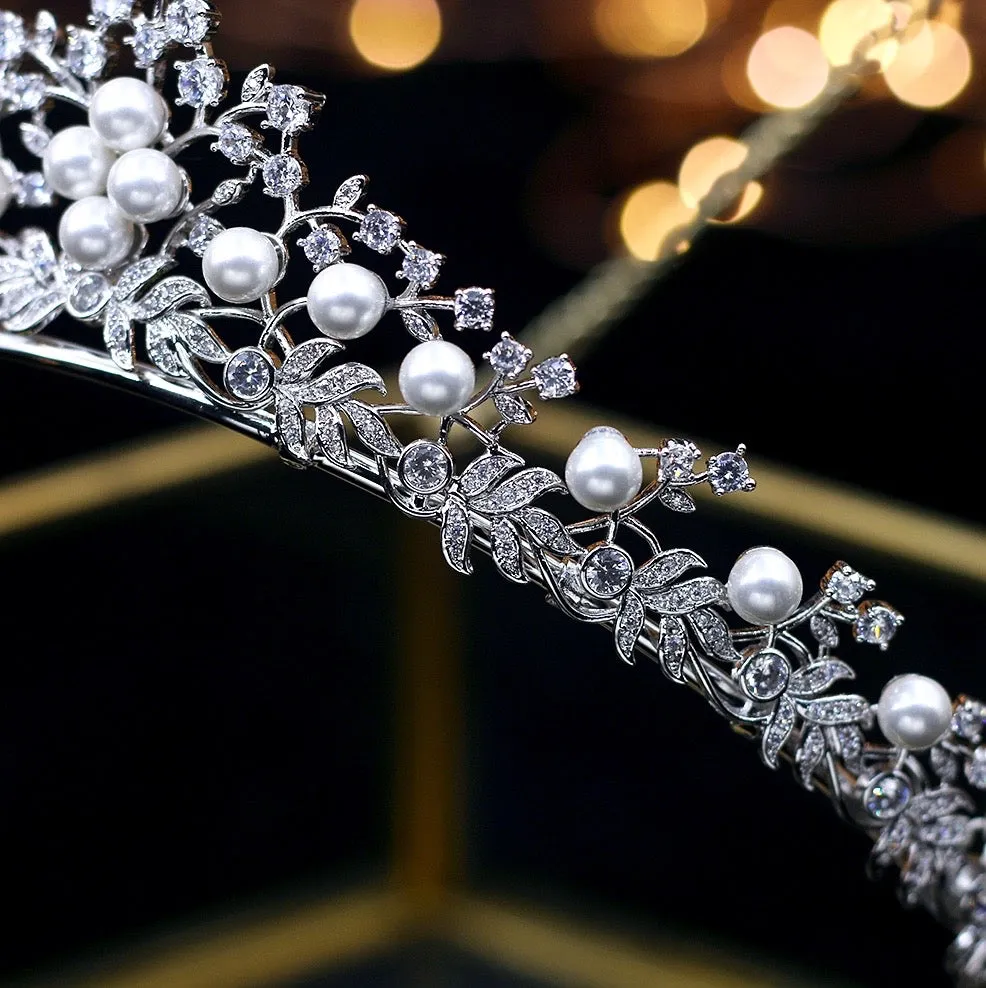 "Louise" - Silver Pearl and Cubic Zirconia Bridal Tiara