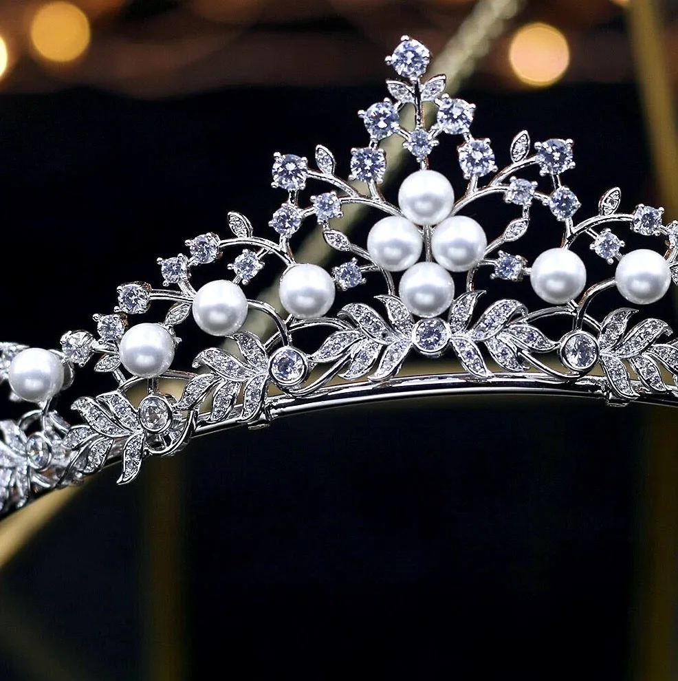 "Louise" - Silver Pearl and Cubic Zirconia Bridal Tiara
