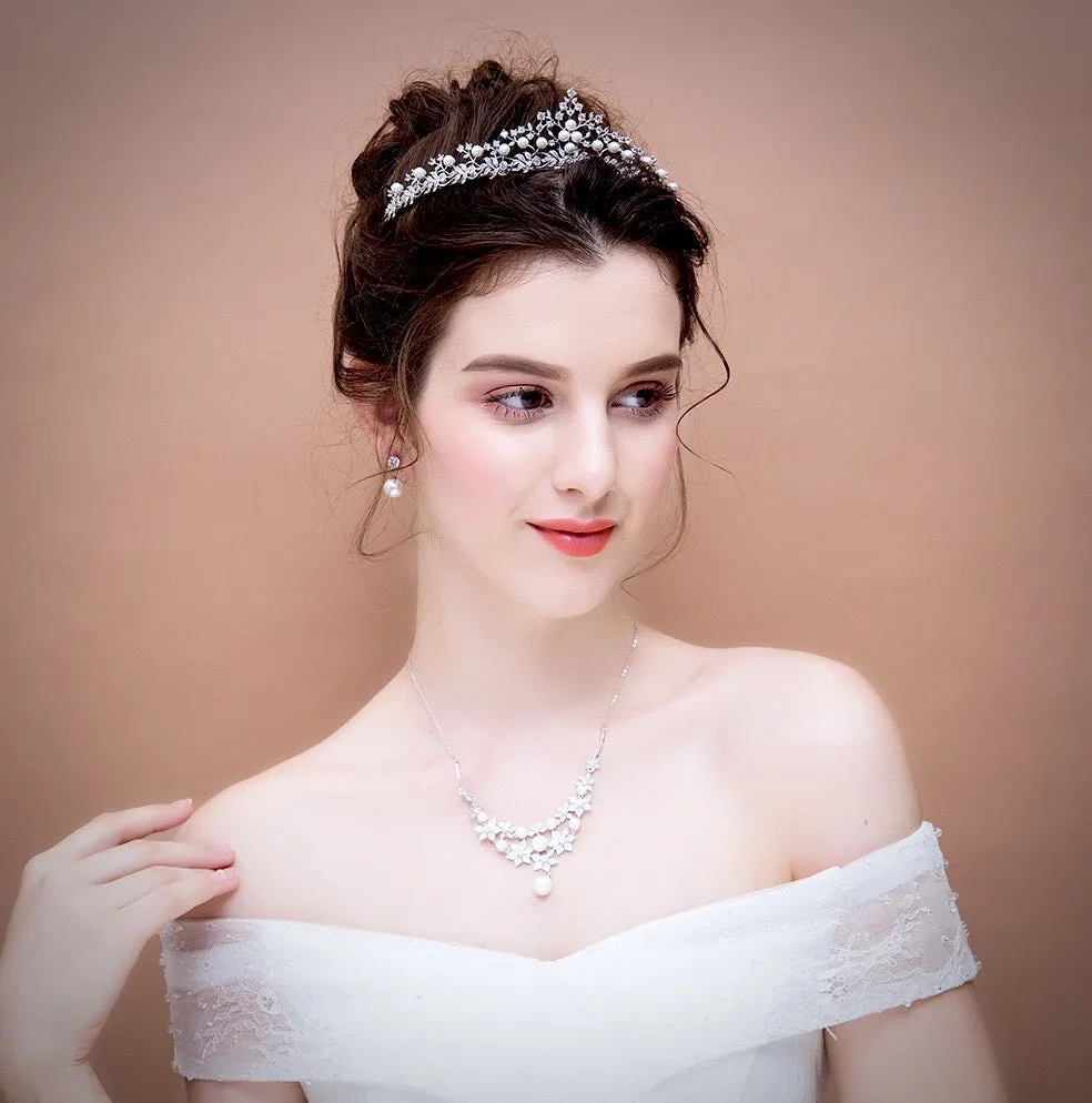 "Louise" - Silver Pearl and Cubic Zirconia Bridal Tiara