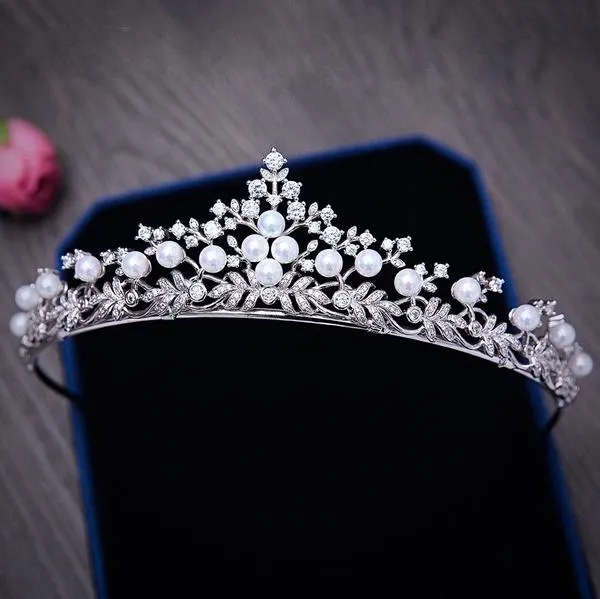 "Louise" - Silver Pearl and Cubic Zirconia Bridal Tiara