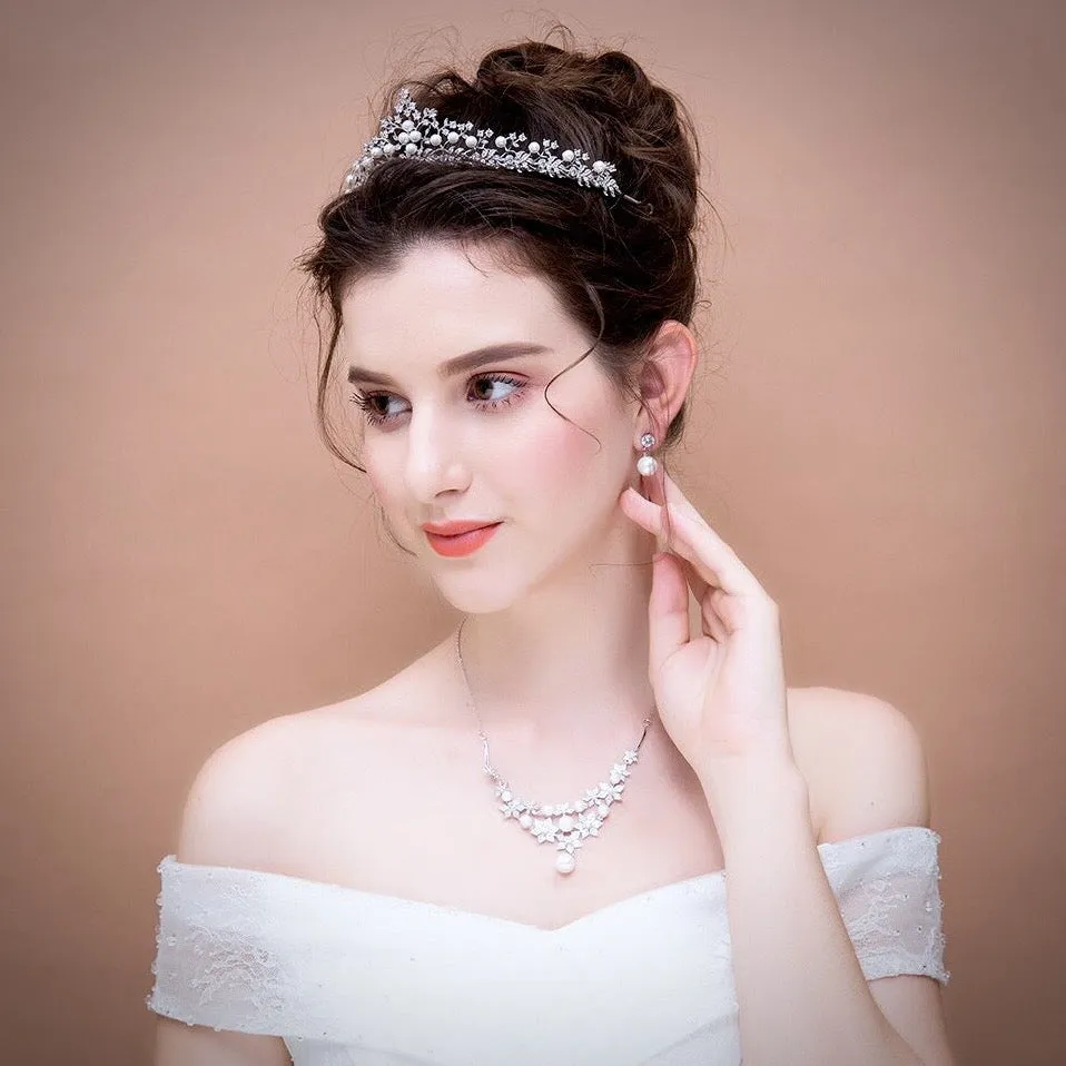 "Louise" - Silver Pearl and Cubic Zirconia Bridal Tiara