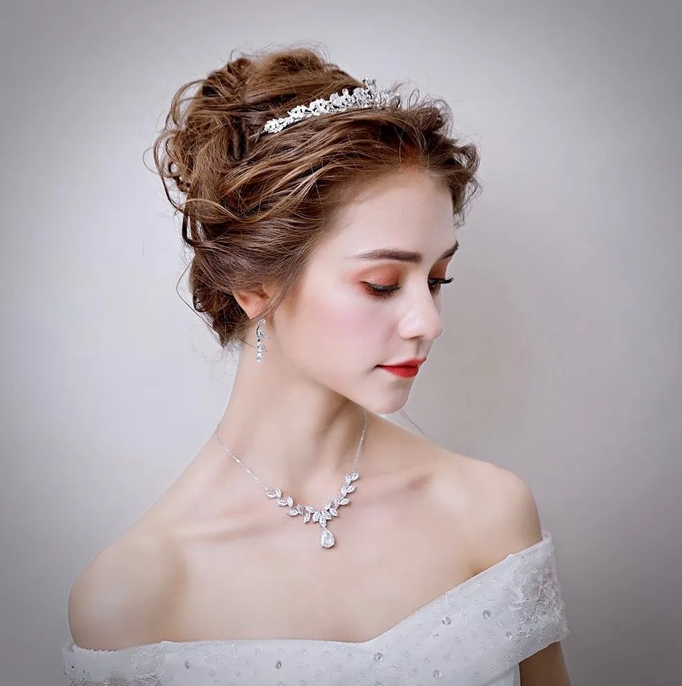 "Rochelle" - Silver Cubic Zirconia 3-Piece Bridal Jewelry Set With Tiara