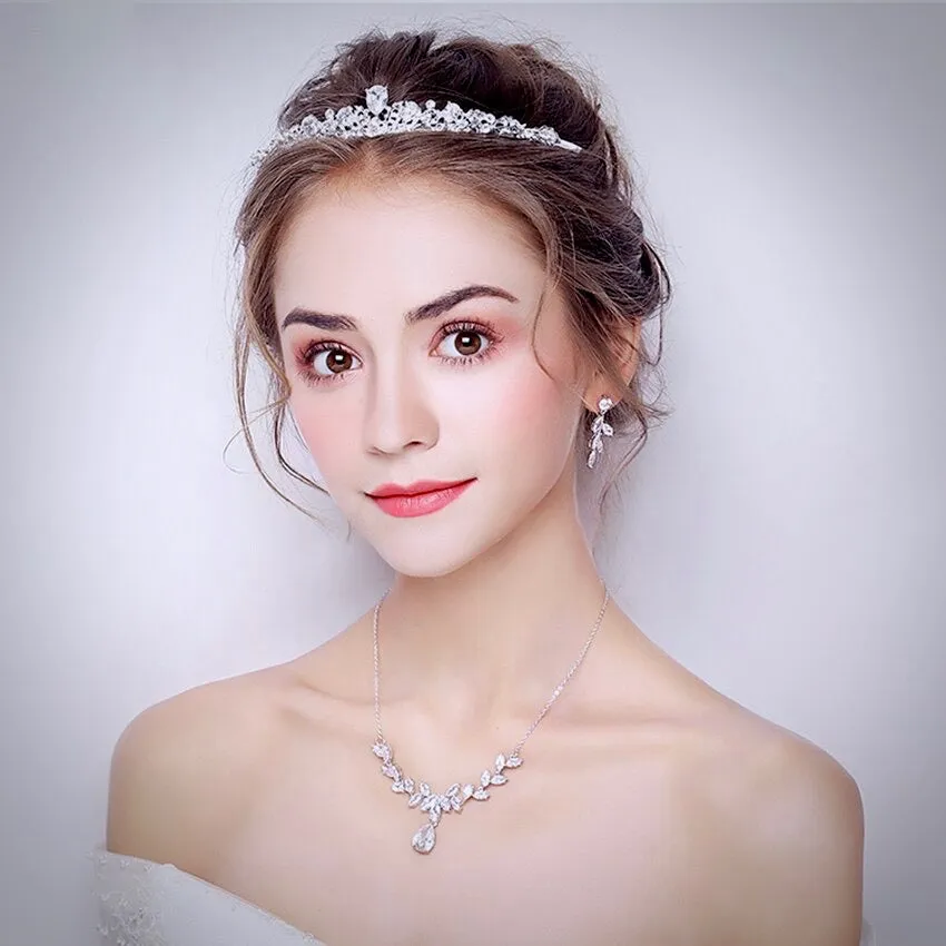 "Rochelle" - Silver Cubic Zirconia 3-Piece Bridal Jewelry Set With Tiara
