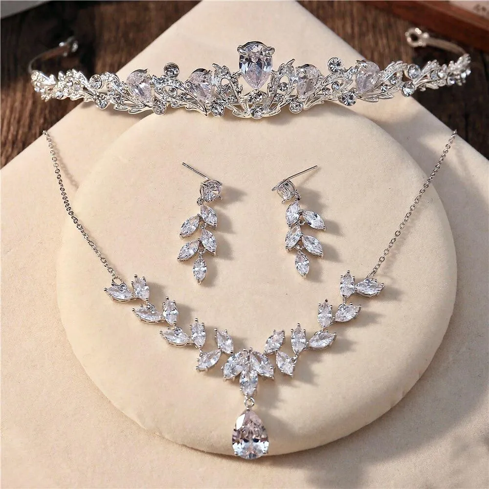 "Rochelle" - Silver Cubic Zirconia 3-Piece Bridal Jewelry Set With Tiara