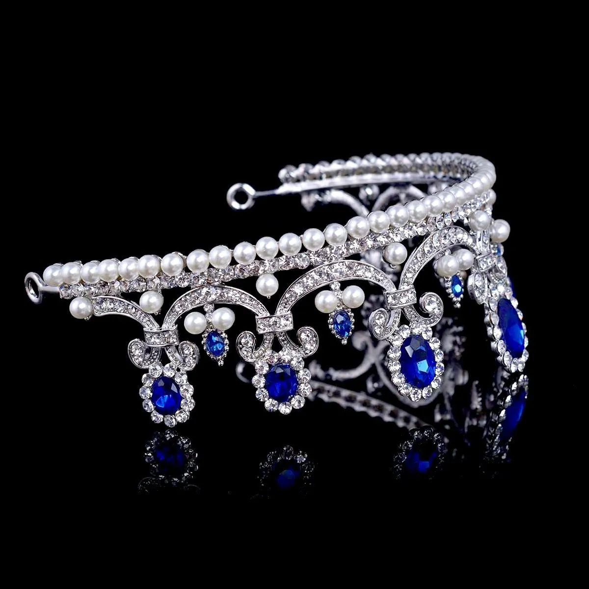 "Skyla" - Blue Crystal and Pearl Bridal Tiara